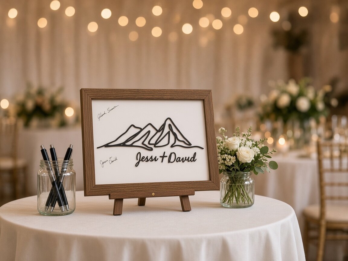 AI picture: Mountain Wedding Guest Book Alternative in a reception table